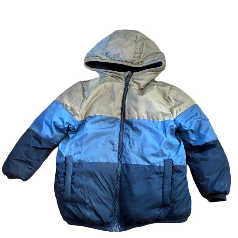 Swiss Tech Blue Gray Striped Fleece Lined Puffer Jacket Sz 5T Hooded Kids
